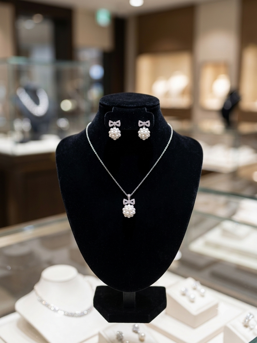 Silver Pearl Cluster with Bow Accents Necklace and Earrings Set