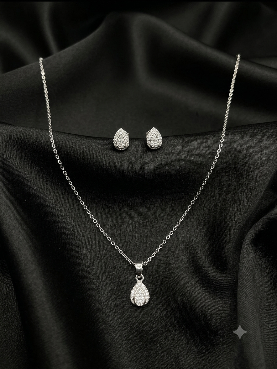 Silver Diamond Pear Leaf Necklace Set