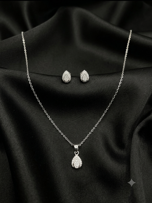 Silver Diamond Pear Leaf Necklace Set