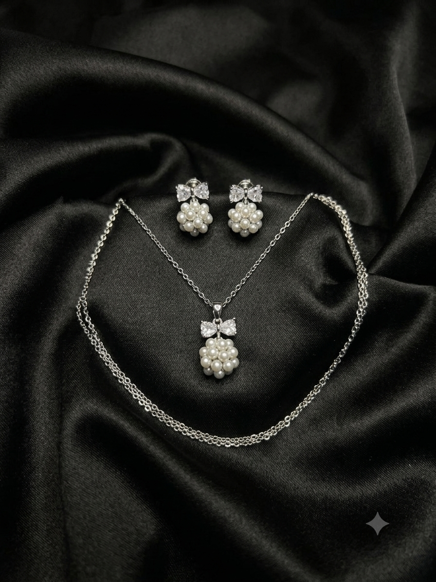 Silver Pearl Cluster with Bow Accents Necklace and Earrings Set