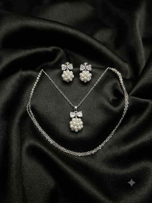 Silver Pearl Cluster with Bow Accents Necklace and Earrings Set