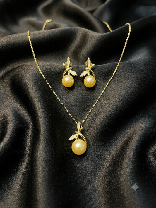 Golden Pearl Bow Drop Necklace Set