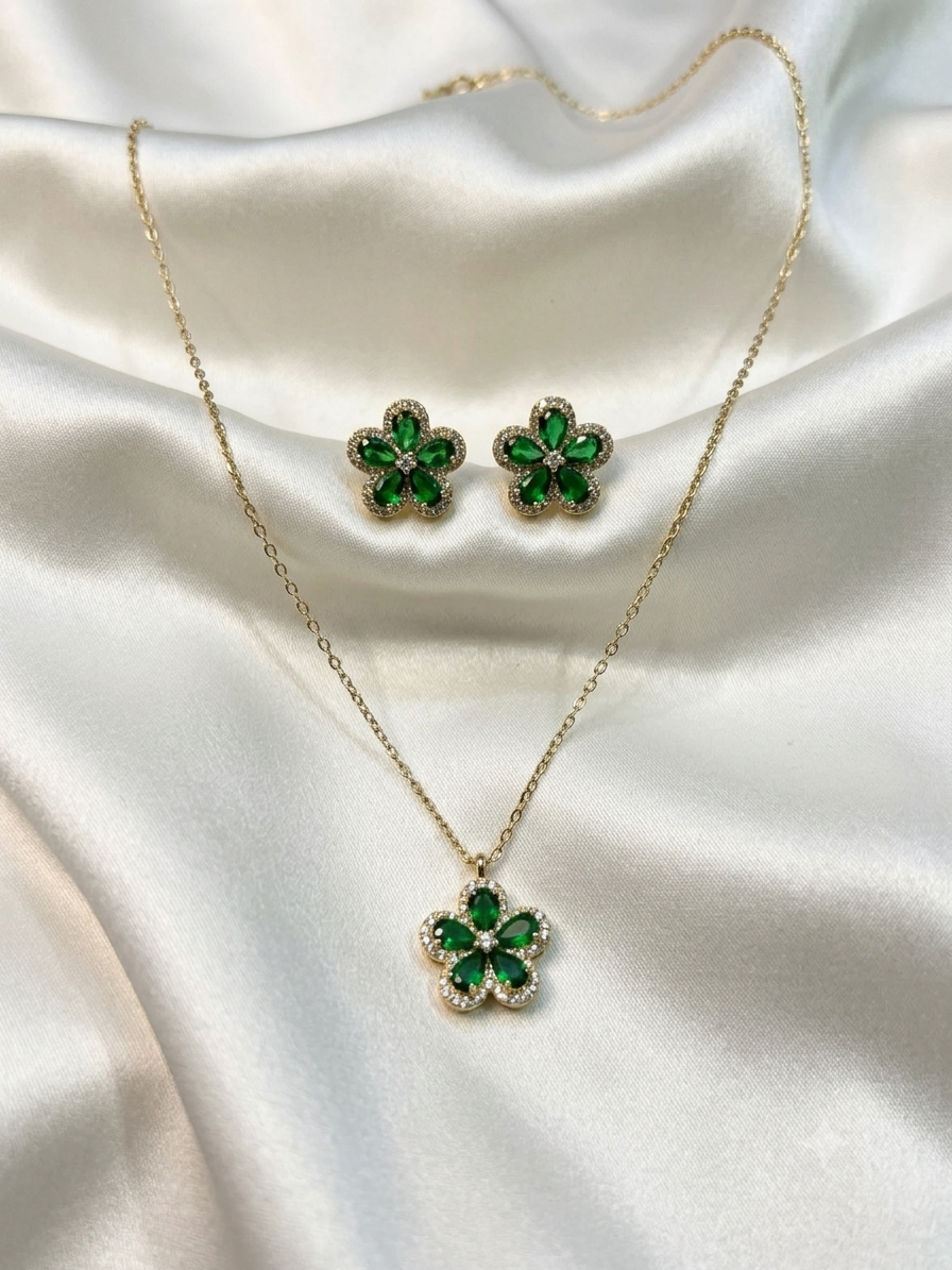 Gold Emerald Green Crystal Floral Pendant & Stud Earrings Set