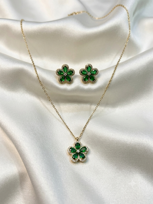 Gold Emerald Green Crystal Floral Pendant & Stud Earrings Set