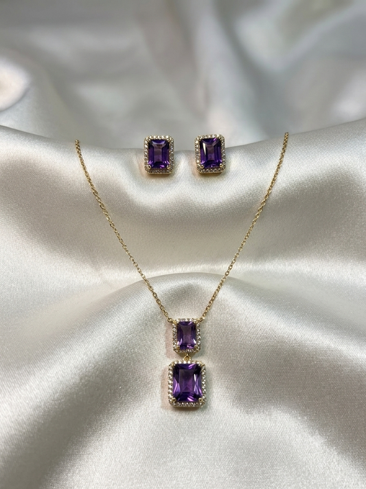 Gold Lavender Gemstone Necklace and Studs Set
