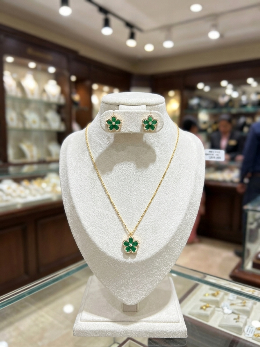 Gold Emerald Green Crystal Floral Pendant & Stud Earrings Set