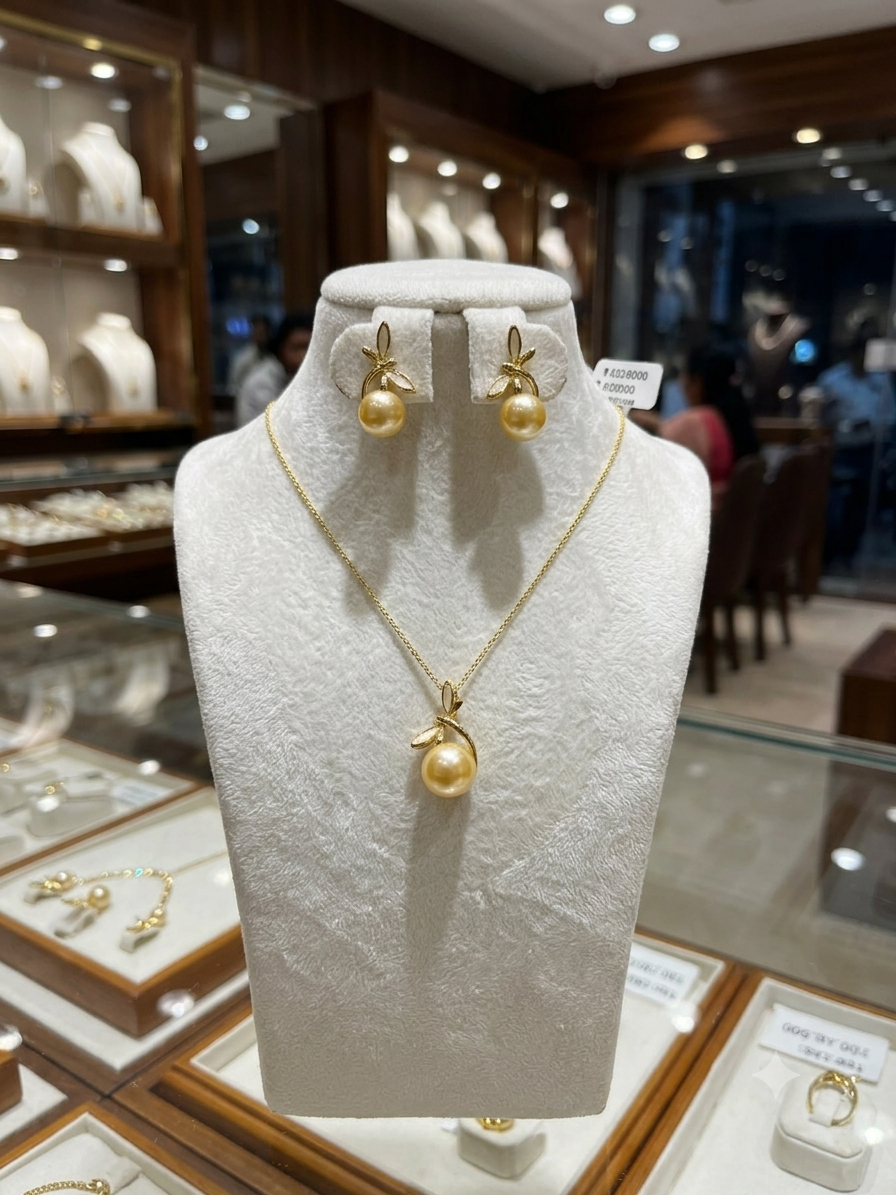 Golden Pearl Bow Drop Necklace Set