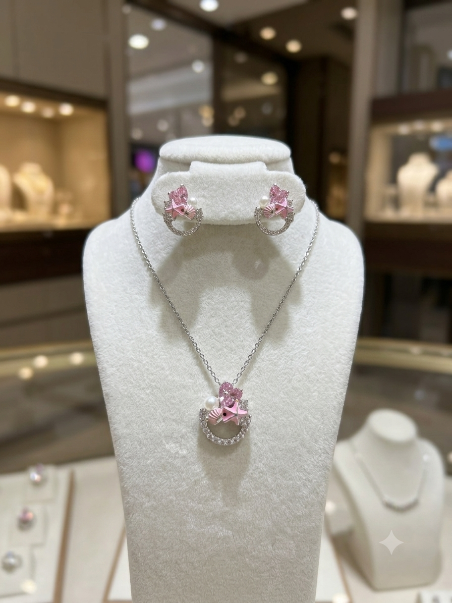 Silver Ocean's Blush Pink Pendant & Earrings Set