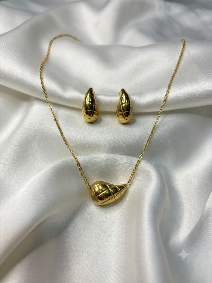 Gold Croissant Pendant & Huggie Hoop Set