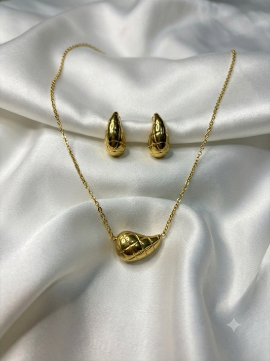 Gold Croissant Pendant & Huggie Hoop Set