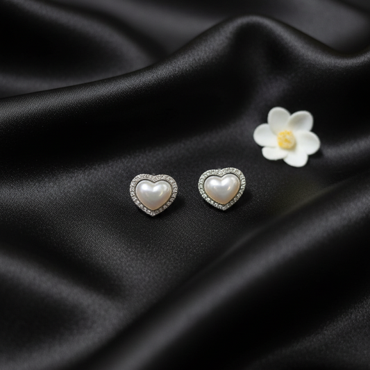 Silver Pearl Heart Studs