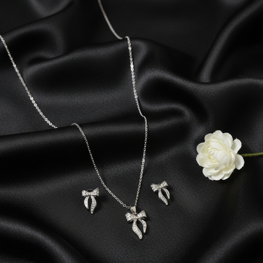 Silver Diamond Bow Chain with Pendant and Earrings Set