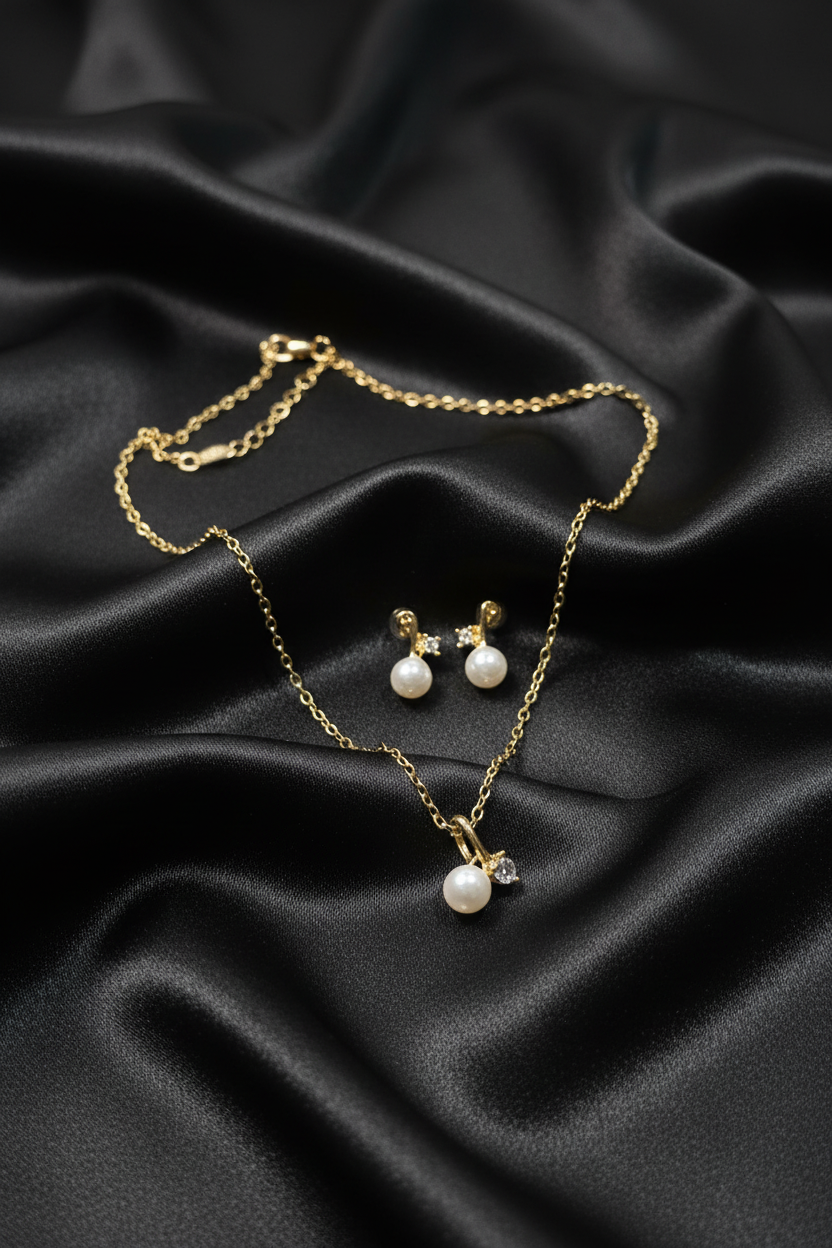 Gold Pearl & Diamond Twisted Pendant & Earrings Set