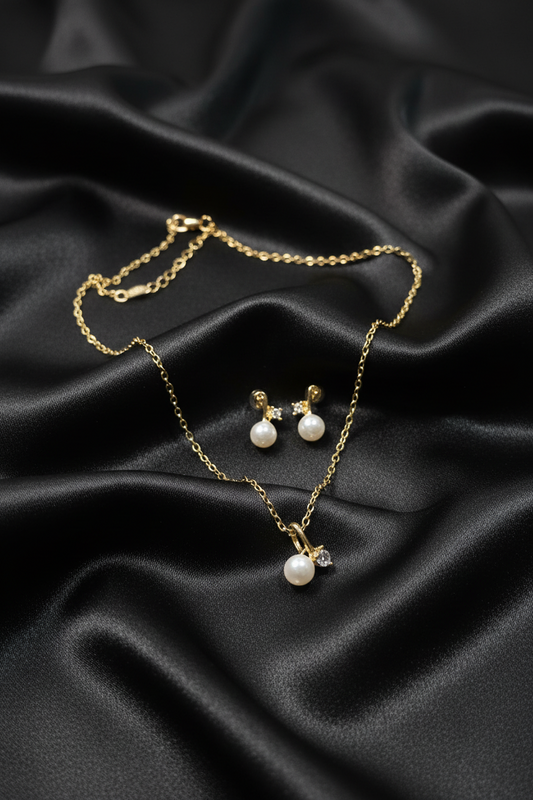 Gold Pearl & Diamond Twisted Pendant & Earrings Set