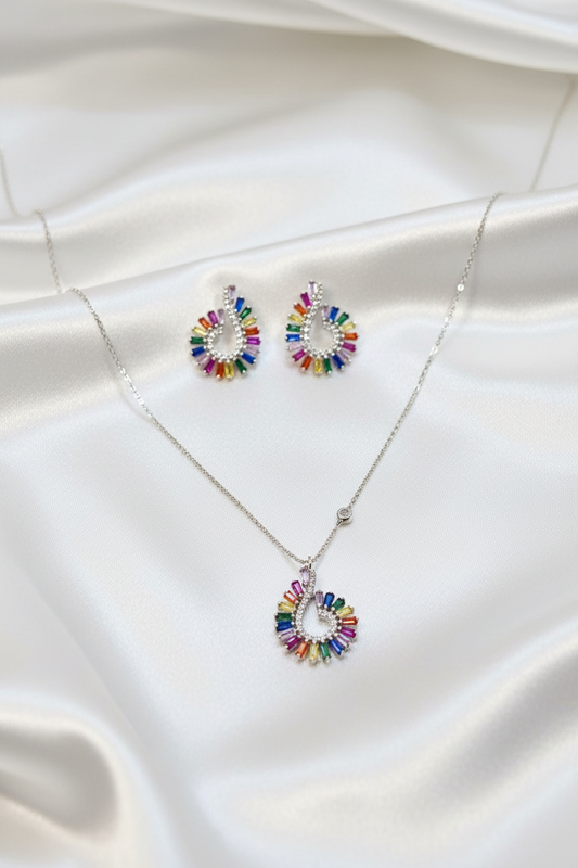 Silver Rainbow Arc Pendant & Earrings Set