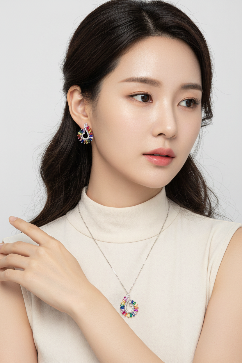 Silver Rainbow Arc Pendant & Earrings Set