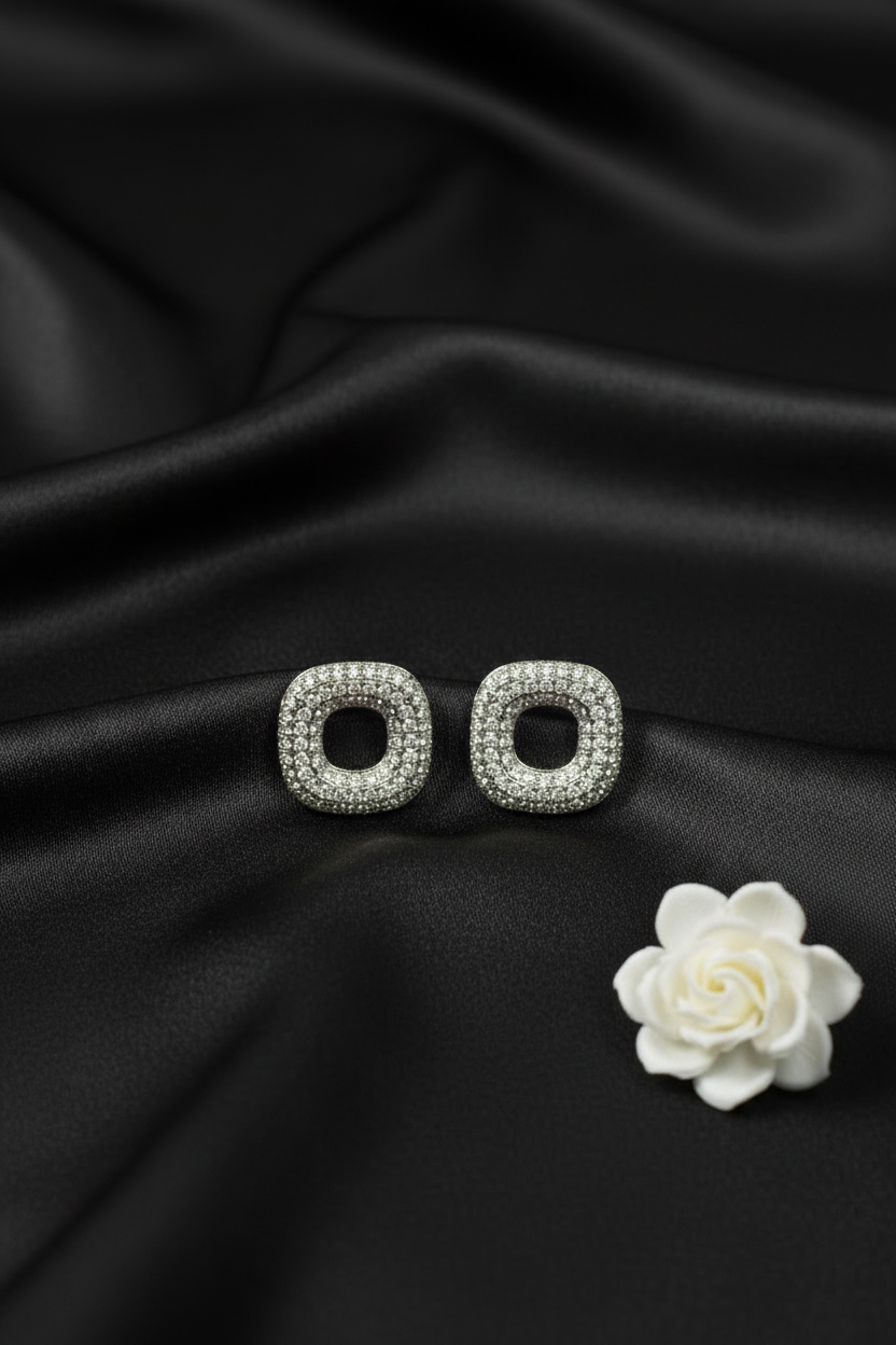Silver-Tone Rounded Square CZ Stud Earrings