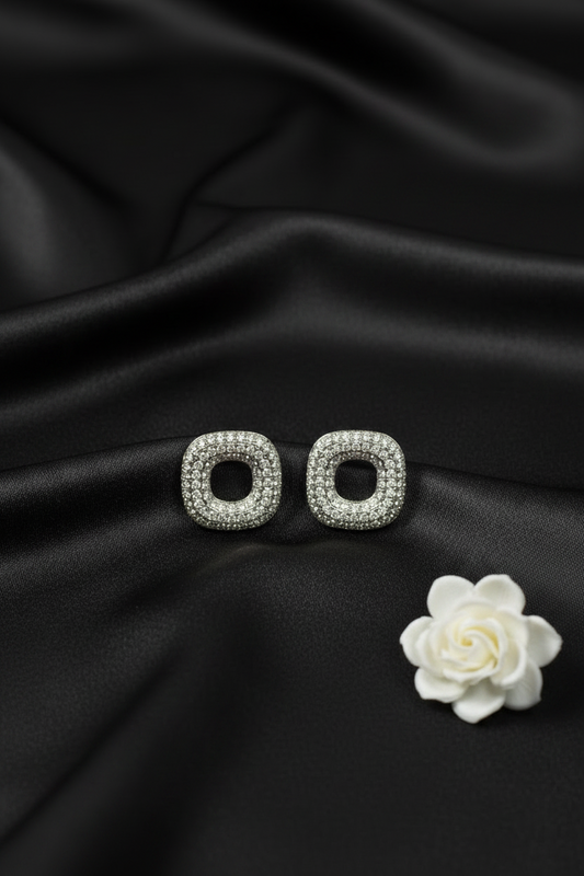 Silver-Tone Rounded Square CZ Stud Earrings