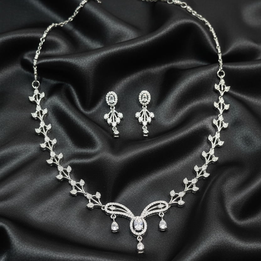Silver Crystal Leaf Pendant Set