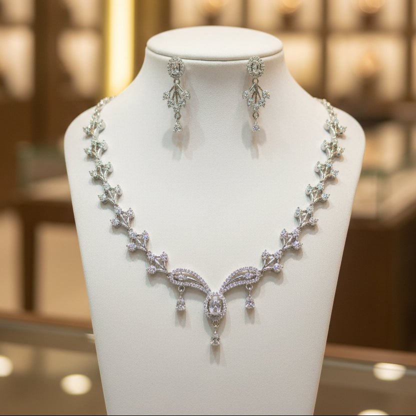 Silver Crystal Leaf Pendant Set