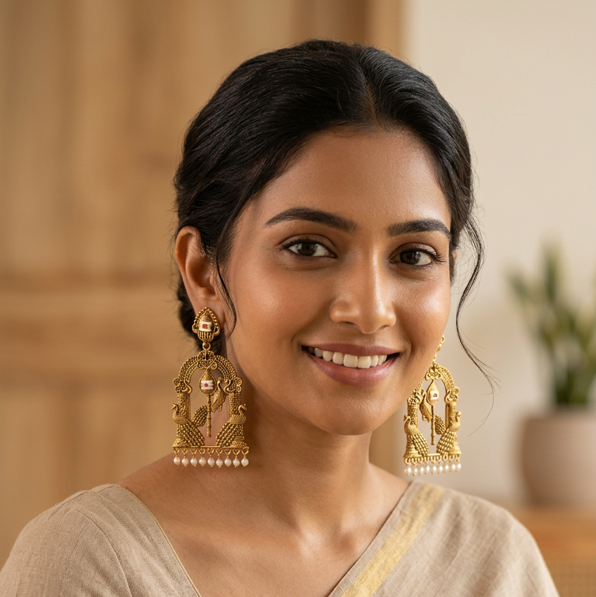 Vel Temple Peacock Earrings