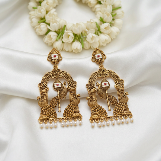 Vel Temple Peacock Earrings
